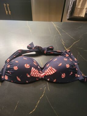 Navy Blue Bikini Top with Red & White Umbrella Print